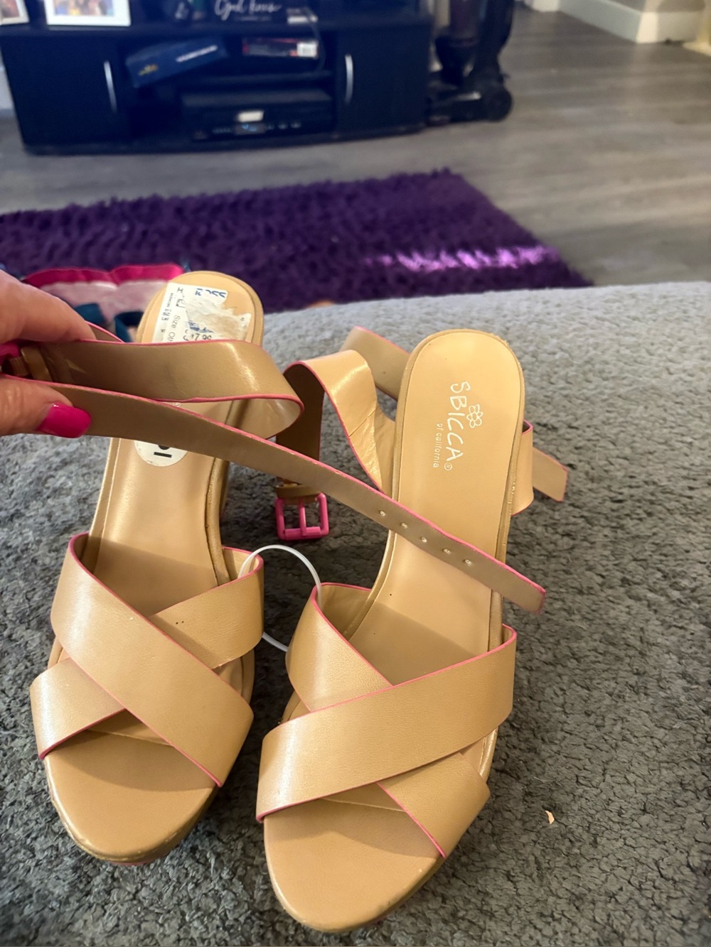 Sbicca Beige Wedge Sandals with Pink Trim